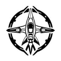 A symmetrical, highangle view of a black and white scifi spaceship emblem, encircled by a segmented, stylized ring with a minimalistic aesthetic. vector