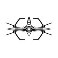 Futuristic, symmetrical, black and white spaceship with geometric patterns and angular wings on a plain white background, evoking sleekness. vector