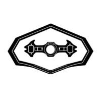 Geometric, symmetrical black and white of a stylized mechanical device within a shaped border, minimalist aesthetic. vector