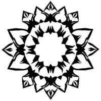 Intricate Black and White Floral Mandala, Symmetrical with Sharp, Geometric Petals radiating outwards from a central circular void. vector