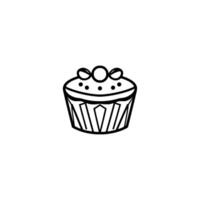 Simple black and white illustration of a cupcake with berries and detailed wrappings on a white background. vector