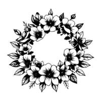An elegant black and white floral wreath , composed of stylized flowers and leaves, creating a circular pattern with a central empty space. vector
