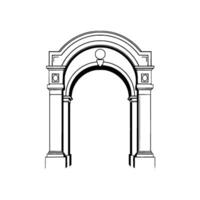 Architectural Line Drawing Symmetrical, BlackandWhite Depiction of an Arched Gateway with Columns, Minimalist , Isolated on White. vector