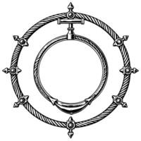 Intricate black and white ornamental illustration featuring concentric circular elements with textured ropelike patterns, adorned with symmetrical embellishments and a stylized suspended ring. vector