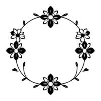 Elegant floral wreath, monochrome of black flowers, leaves, and vines arranged in a circular decorative frame on a white background. vector