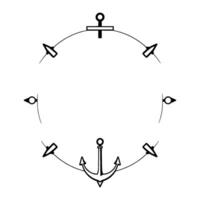 Nauticalthemed circular frame with an anchor at the bottom, arrows and other nautical elements arranged on the circle, clean minimalist . vector