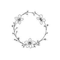 Delicate handdrawn floral wreath with three open blossoms and multiple buds, minimalistic, monochrome, and symmetrical , on a white background. vector