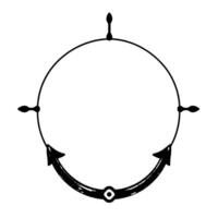Minimalist black and white illustration of a circular directional symbol featuring arrows, stylized points, and a central eye element. vector
