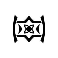 Symmetrical Black and White Geometric Abstract , StarLike Shape with Inner Floral Motif, Bracketed by Curved Lines on a White Background vector
