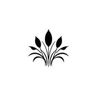 Minimalist black botanical illustration featuring a symmetrical arrangement of stylized leaves and stems against a white backdrop. vector