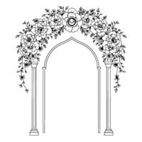 Elegant archway adorned with floral arrangements, supported by pillars, creating a refined and romantic frame in monochrome outline style. vector