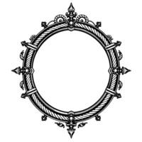 Ornate Circular Frame Detailed Black and White Pen and Ink Illustration with Decorative Scrollwork, Architectural Details, and Pointed Embellishments. vector