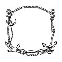 A nauticalthemed black and white illustration featuring a decorative frame composed of anchors, ropes, and wavy line elements. vector