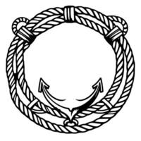 Nautical emblem stylized black and white illustration featuring an anchor enclosed within a rope circle. vector