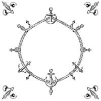 Nautical Frame Circular Rope Border Adorned with Anchors, Knots, and Decorative Elements, Black and White Illustration vector