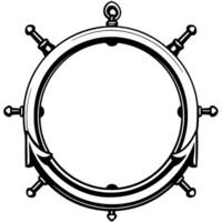 A bold, minimalist black and white nautical illustration of a ships helm, centered on a white background, symbolizing navigation and control. vector