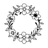 Elegant black and white line art circular floral wreath , featuring various flowers and leaves with open center space for text or elements. vector