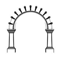 Elegant Black and White Illustration An Archway Adorned with Floating Flipflops, Supported by Classic Columns, Minimalist . vector