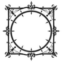 Ornate Black and White Square and Circle Frame, Featuring Gothic Architectural Elements and Delicate Arrowlike Details, Isolated on White. vector