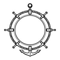 Nautical Illustration A detailed blackandwhite line art of a ships wheel incorporating an anchor at its base, representing sea navigation and maritime themes. vector
