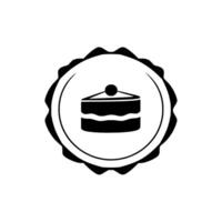Monochromatic Black and White Circular Emblem Featuring a Slice of Cake, a Cherry, and a Decorative Border. vector