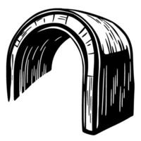 A bold black and white linocut depiction of an archway structure, suggestive of a tunnel or portal, minimalist composition. vector