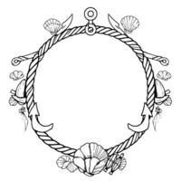 Circular nautical frame A rope circle with anchors, seashells, and other maritime elements in a clean black and white outline style. vector