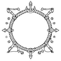 Ornate nauticalthemed circular frame with rope, anchor, stylized decorative elements, and shells in a clean black and white outline. vector
