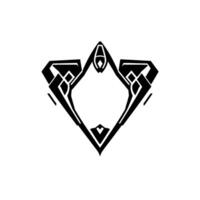 Geometric black and white stylized diamondshaped emblem with intricate symmetrical patterns and a central void, evoking a sense of modern minimalism. vector