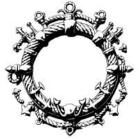 Intricate Monochrome Nautical Emblem A Circular Frame of Anchors, Ropes, and Symbolic Marine Elements on White. vector