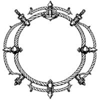 Intricate circular nautical frame , featuring rope, anchors, and ornate embellishments, rendered in a detailed black and white illustration. vector