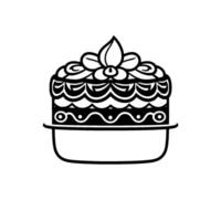 Intricate, stylized, black and white illustrated cake with a floral topping, resting on a simple plate, centered on a white background. vector