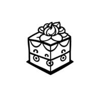 Detailed black and white line art illustration of a square cake, adorned with a floral icing, decorative borders, and circular embellishments, set against a stark white background. vector