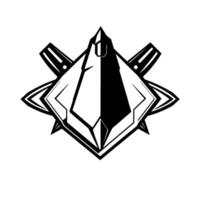 Geometric black and white emblem featuring a symmetrical of a diamondlike shape with an angular, stylized starburst outline and spiky extensions. vector