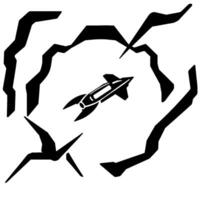 Stylized black and white rocket illustration, escaping a geometric, fragmented, and dynamic tunnellike against a white background. vector