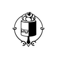 Monochromatic Cake A stylized, halftone illustration featuring a layered cake with swirl , atop a stylized cake stand, all within a decorative frame. vector