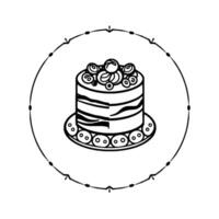 Simple Outline of a Layered Cake with Floral Decorations on a Plate, Enclosed in a Decorative Circular Frame. vector