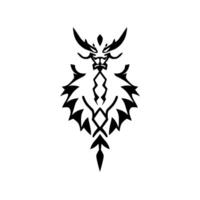 Ornate, symmetrical black tribal lion or mythical creature , on stark white background, showcasing sharp angles and stylized details. vector