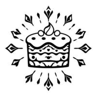 Intricate Black and White Cake Adorned with Leaf and Orb Embellishments and Surrounded by a Decorative Radiant Pattern vector