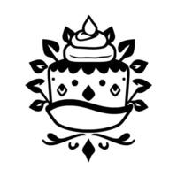 Whimsical, illustration of a celebratory cake with buttercream topping, decorative leaves, and stylized elements in black and white. vector