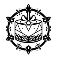 Intricate Black and White Illustration of a Decorated Gift Box Enclosed by a Circular Decorative Frame, with a Bow and Ornate Details. vector