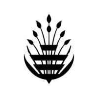 Stylized Black Silhouette Floral Emblem Wheat Stalks Rising from a Geometric, MultiTiered Crescent Base on White Background vector