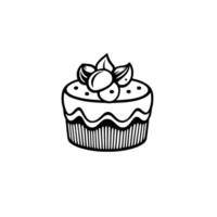Black and white illustration of a small, decorated cupcake with wavy frosting, topped with berries and leaves. vector