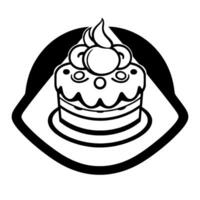 Minimalist, monochrome illustration of a layered cake with frosting and decorative fruit, presented on a plate within an abstract frame. vector
