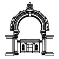 Architectural Rendering Black and white illustration of an ornate archway with detailed columns, decorative embellishments, and a building facade below, evoking a classical aesthetic. vector