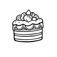 Simple monochrome illustration of a round layered cake with ornate frosting and piped cream decoration on top. vector
