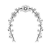 Elegant, intricate floral archway in black and white, featuring symmetrical placement of flowers and curling vines, set against a clean white background. vector