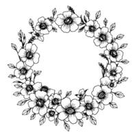 Elegant Floral Wreath Detailed Monochrome Line Art of Poppies and Leaves, Creating a Delicate and Decorative Circular Frame. vector