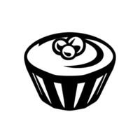 Artistic minimalist black and white illustration of a cupcake with a stylized filling and decorative berries. vector
