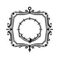 Ornate Black and White Featuring a Decorative Frame, Anchor Emblem, and Circular Timekeeping Element, Suggesting a Nautical or Vintage Aesthetic. vector